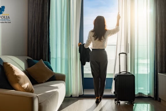 Confident businesswoman relaxing in hotel room near airport