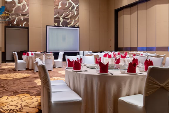 Hotel hall interior with carpet and elegant ceiling lights