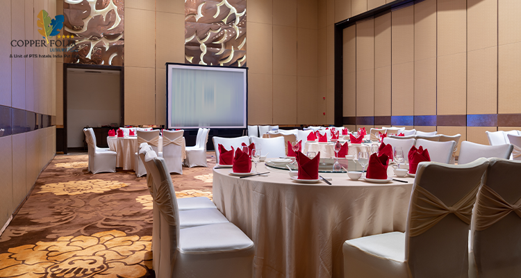 Hotel hall interior with carpet and elegant ceiling lights