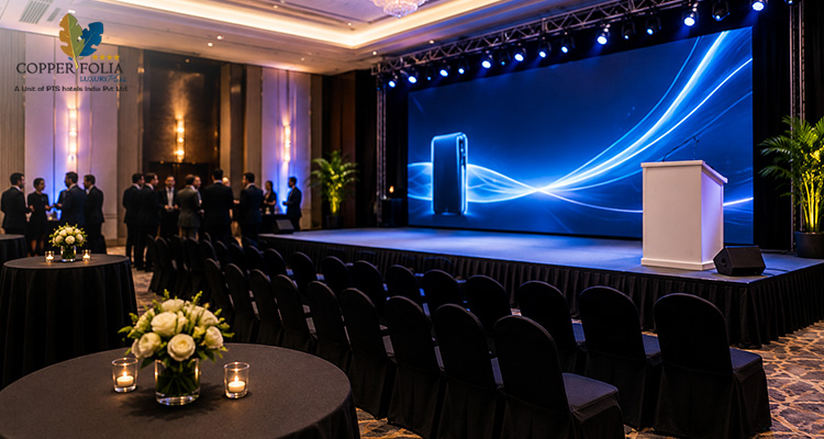Corporate product launch venue with modern conference stage setup